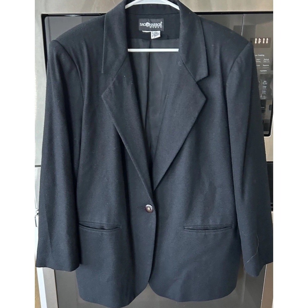 Sag Harbor Wool Blazer 18 Black 1X Shoulder Pads 100% Wool Jacket One Button